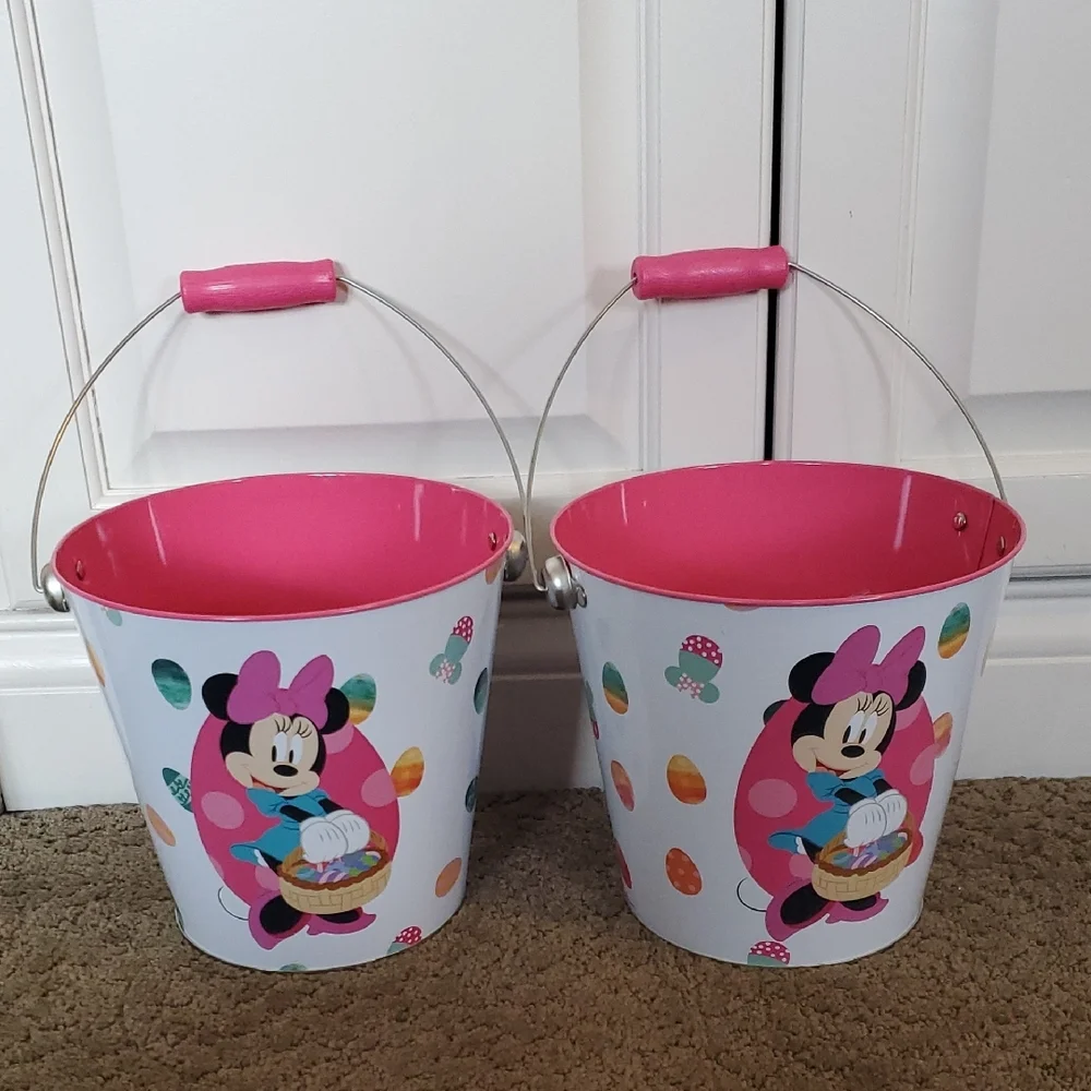 Set of 2 Minnie Mouse Easter Buckets Pails Hunt Party Prizes Treats  metal NEW